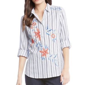 Karen Kane Floral Roll-Tab Stripped Shirt Sz XL